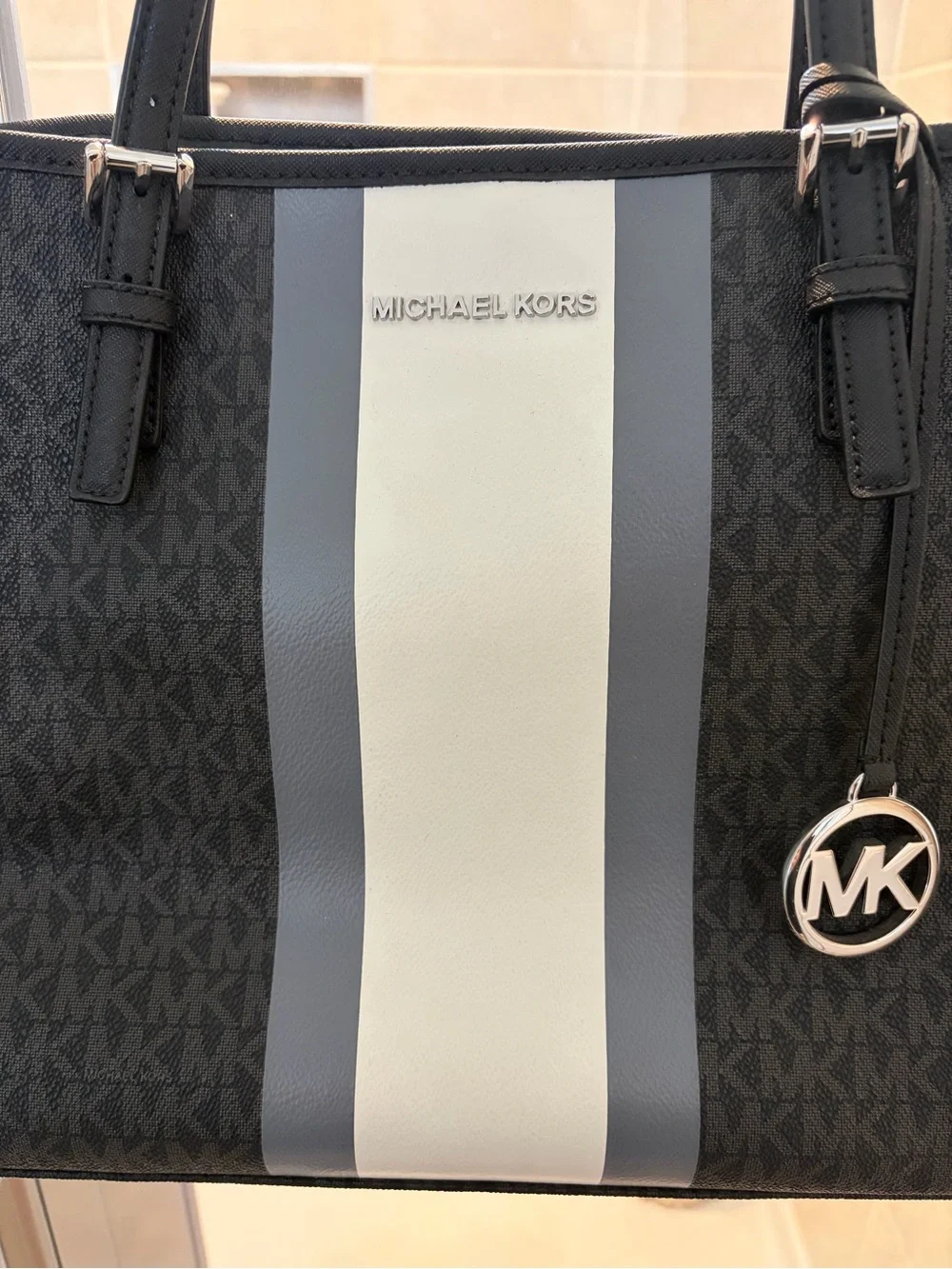 Michael Kors Black Tote with Grey Center Stripe
